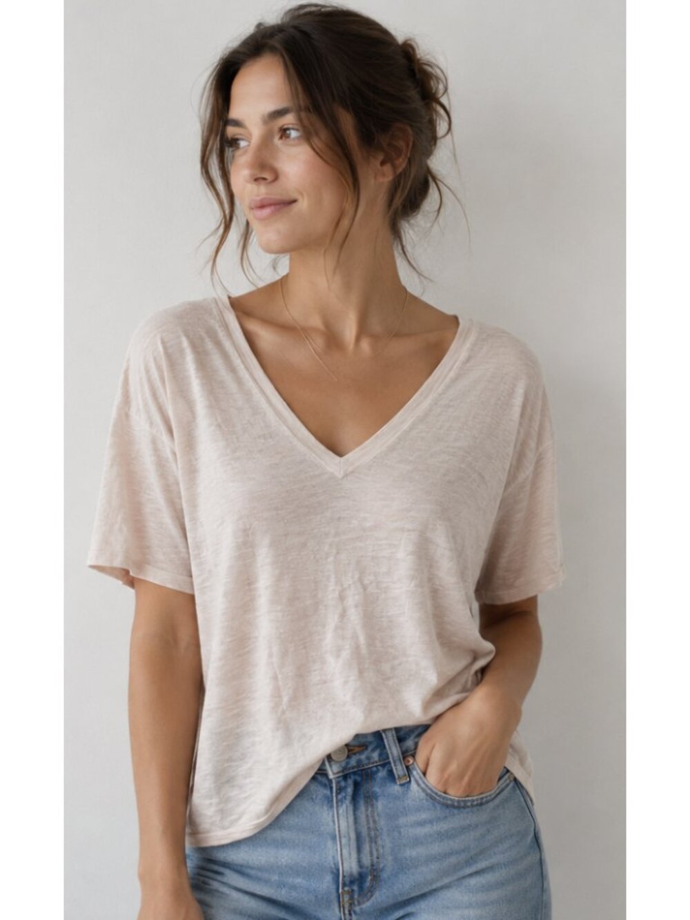NAKED CASHMERE 100% Cotton Slub Knit V Neck Top Large Blush Pink Minimalist